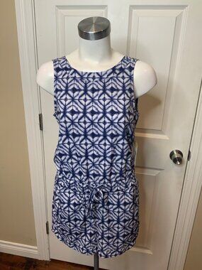Athleta Dark Blue & White Geometric Batik Tie Dye Sleeveless Romper, Size XS